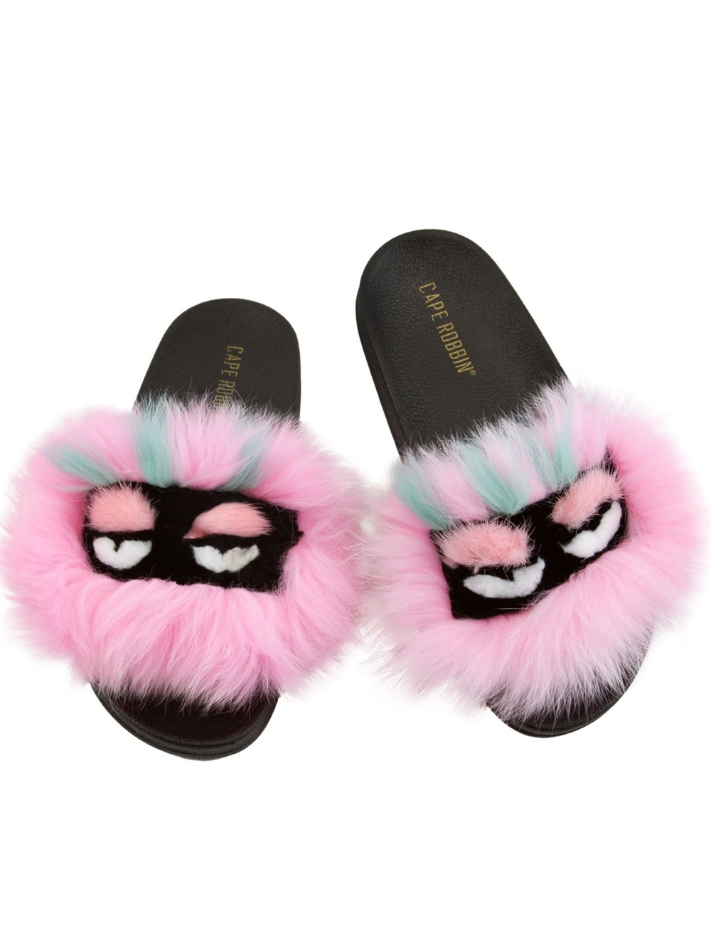 Cape Robbin Pink Faux Fur Slide Sandals with Mint Accents
